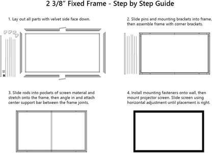 STR Series 6 Piece Home Theater Fixed Frame 4K / 8K Ultra HD, HDTV, HDR &amp; Active 3D Movie Projection Screen, 16:9 Format, 150" Diagonal, White Material STR-169150