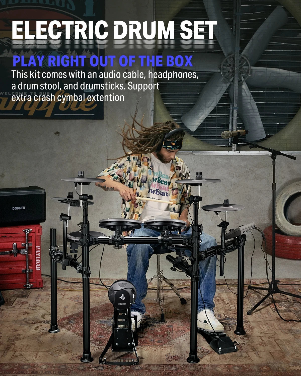 Adults Electronic Drum Set with Quiet Mesh Drum Pads, 31 Kits, 450+ Sounds, DED-200X, Gray